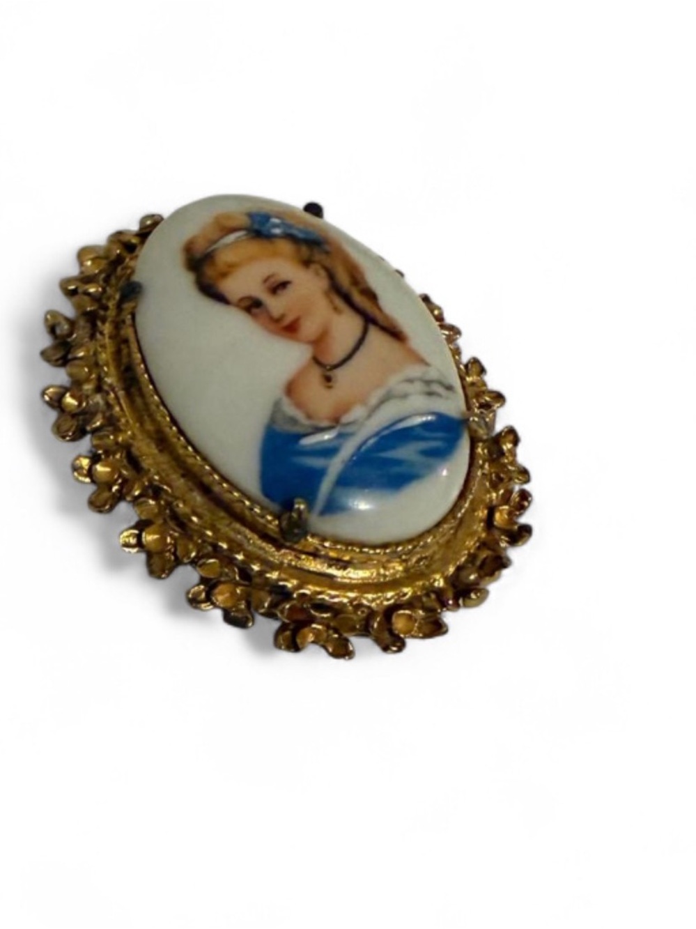 Vintage Limoges France Porcelain Portrait Brooch Victorian Lady Gold Tone Pin - Picture 5 of 7
